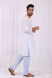 Set of 2: White Cotton kurta with Blue Striped Pajama