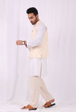 Set of 3: White Cotton kurta and Yellow Striped Pajama  with Yellow Striped Nehru Jacket