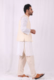 Set of 3: White Cotton kurta and Yellow Striped Pajama  with Yellow Striped Nehru Jacket