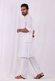Set of 3: White Cotton Kurta and Pajama  with Blue hand Block Printed Nehru Jacket