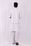 Set of 3: White Cotton Kurta and Pajama  with Blue hand Block Printed Nehru Jacket