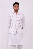 White and Pink Floral Hand Block Nehru Jacket