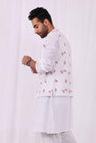 White and Pink Floral Hand Block Nehru Jacket