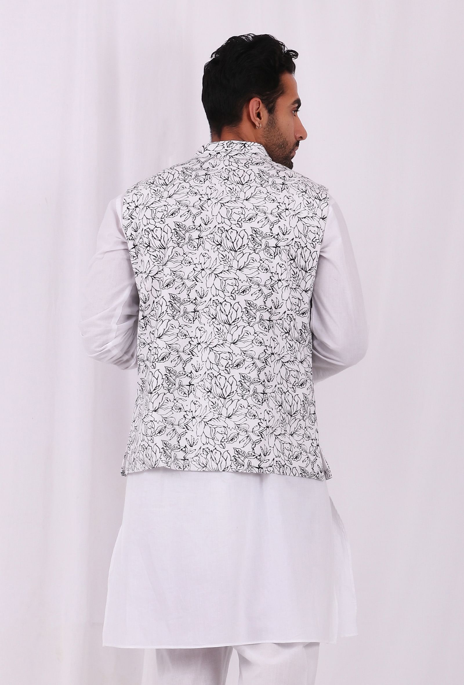 Black and White Floral Hand Block Cotton Nehru Jacket