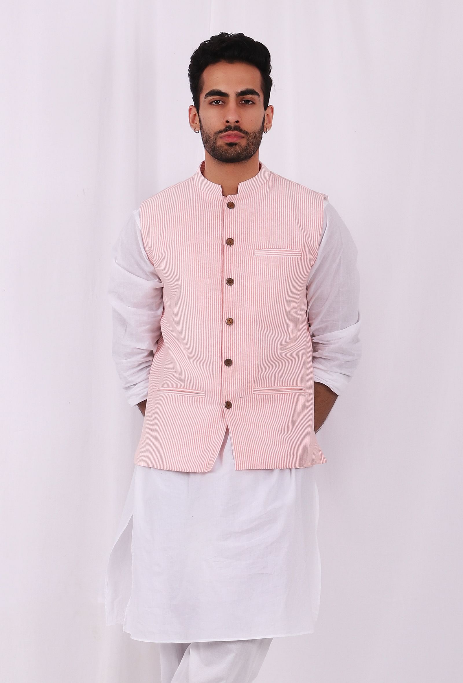 Pink Hand Block Cotton Nehru Jacket
