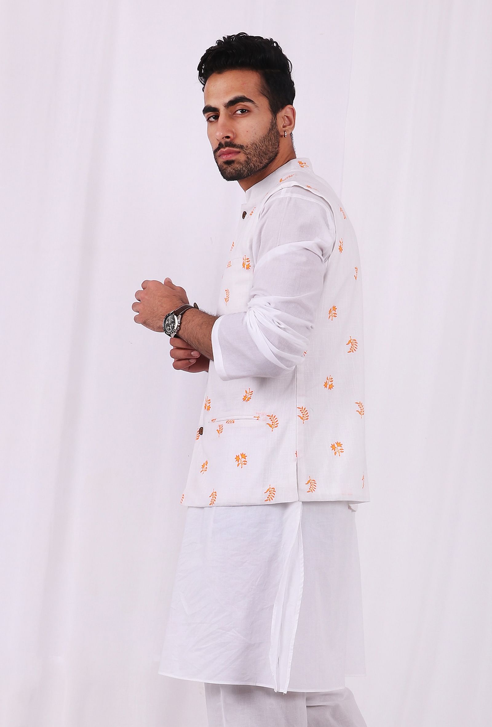 White and Orange Floral Hand Block Nehru Jacket