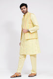 Set of 3: Yellow Stripe Nehru Jacket With Yellow Dobby Button Down Kurta and Pajama