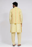 Set of 3: Yellow Stripe Nehru Jacket With Yellow Dobby Button Down Kurta and Pajama