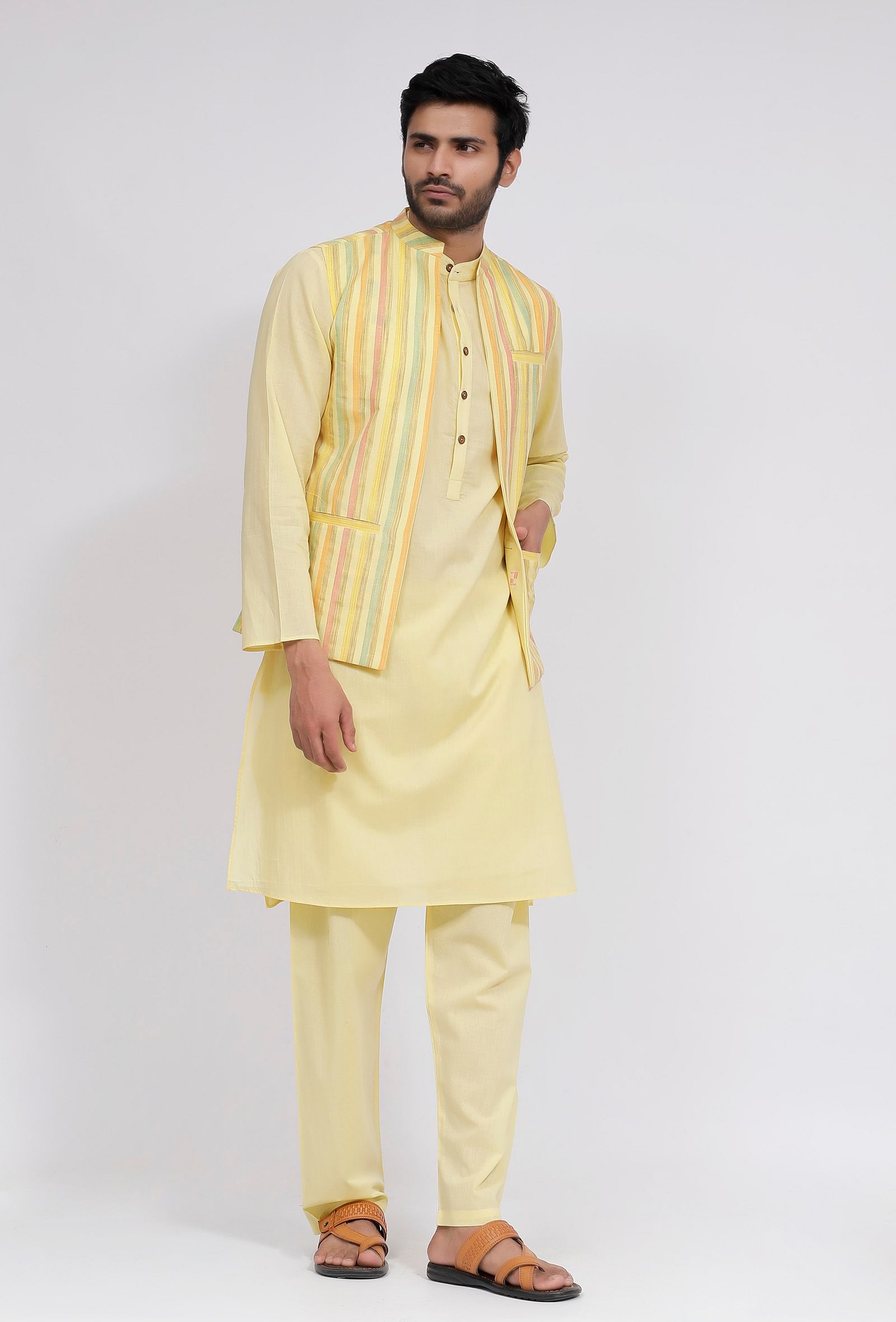 Set of 3:Yellow Stripe Nehru Jacket With Yellow Cotton Kurta and Pajama