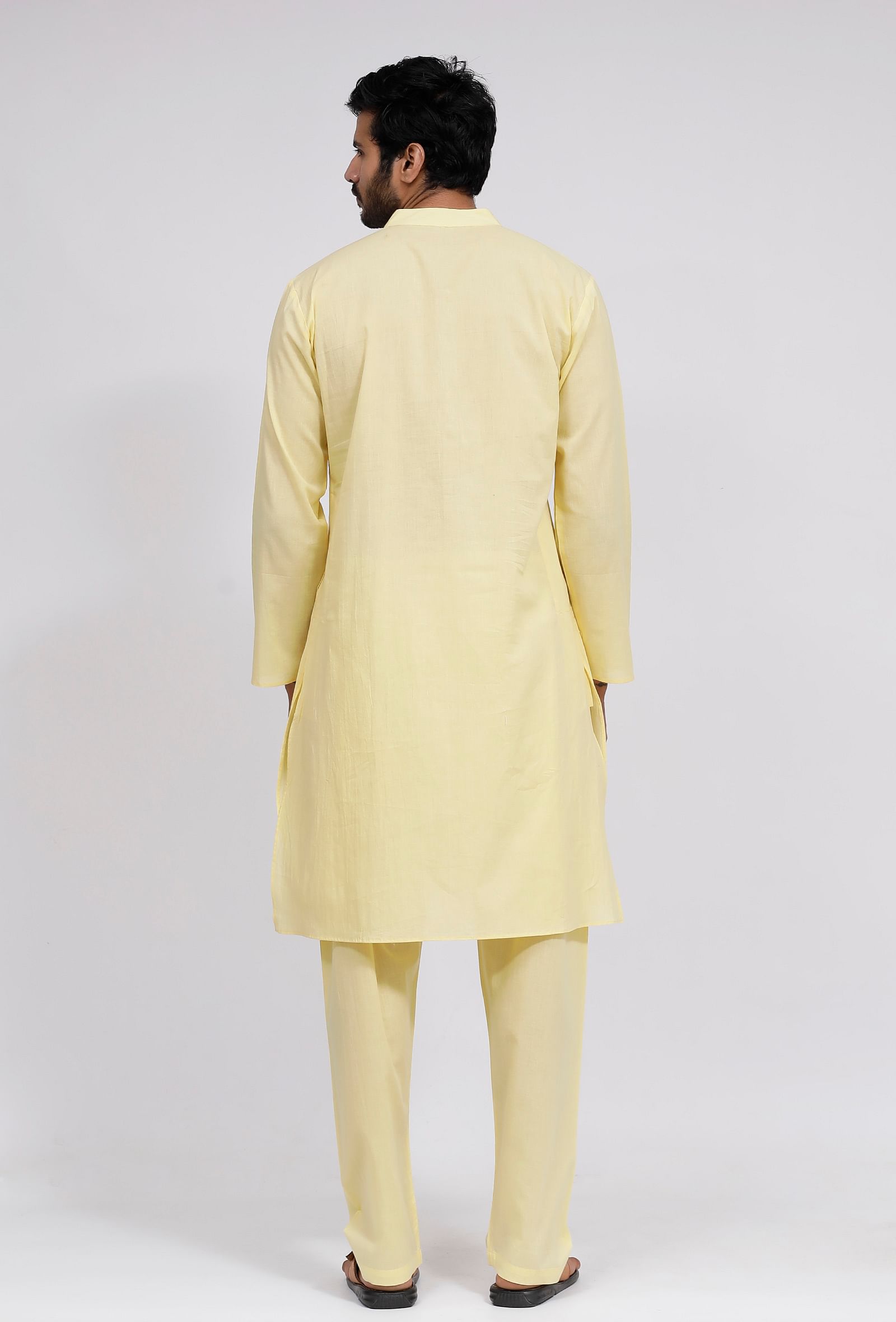 Set of 3:Yellow Stripe Nehru Jacket With Yellow Cotton Kurta and Pajama