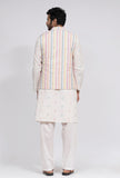 Set of 3: White Stripe Nehru Jacket With White Dobby Button Down Kurta and Pajama