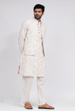 Set of 3: White Dobby Nehru Jacket With White Dobby Button Down Kurta and Pajama