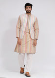 Set of 3: White Stripe Nehru Jacket With Beige Stripe Kurta and White Plain Pajama