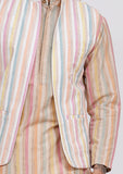 Set of 3: White Stripe Nehru Jacket With Beige Stripe Kurta and White Plain Pajama