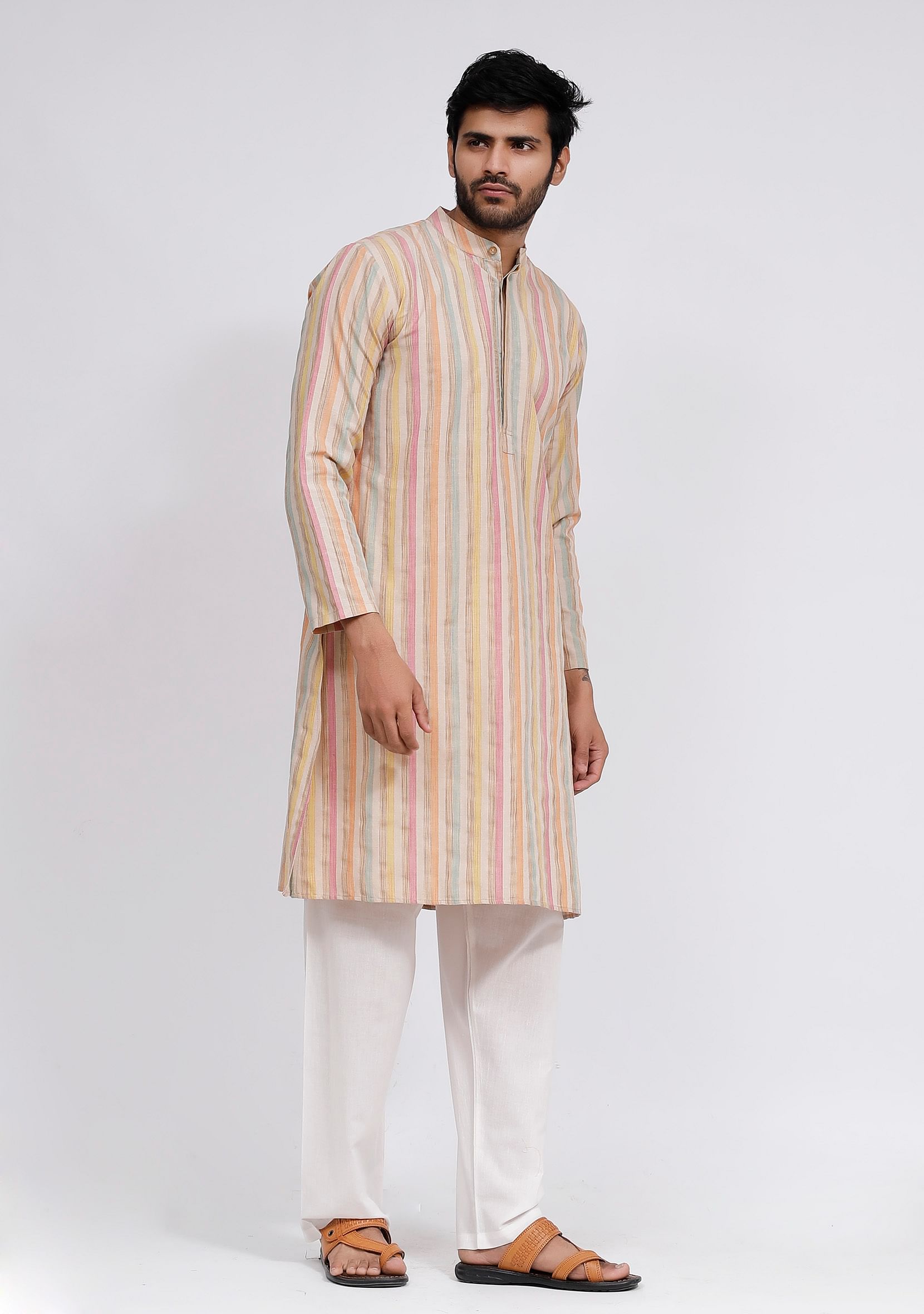 Set of 2: Beige Stripe Kurta and White Plain Pajama