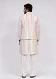 Set of 3: White Stripe Nehru Jacket With White Stripe Kurta and White pajama
