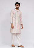 Set of 3: White Stripe Nehru Jacket With White Stripe Kurta and White pajama