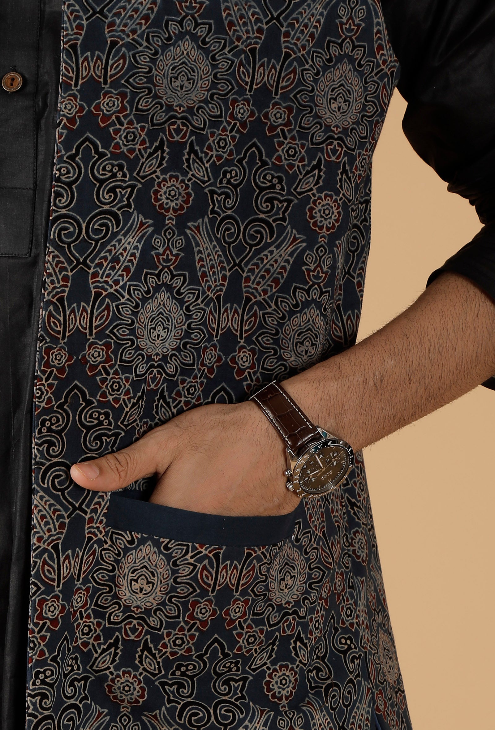 Blue Ajrakh Print Cotton Sleeveless Nehru Jacket With Pockets
