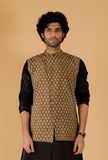 Olive Green Ajrakh Print Cotton Sleeveless Over Lapped Nehru Jacket