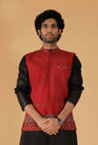 Red Ajrakh Print And Plain Cotton Sleeveless Nehru Jacket With Pockets