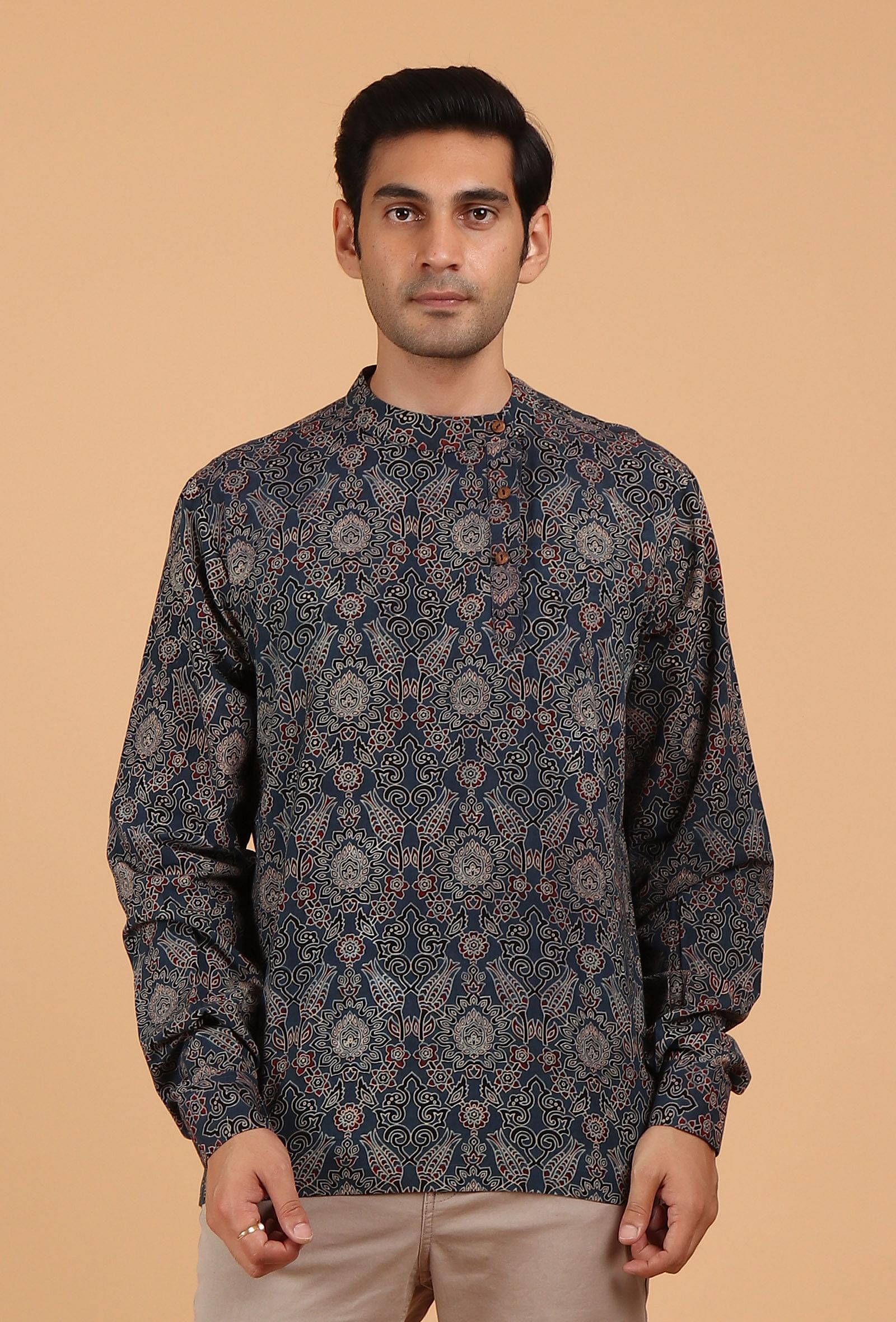 Blue Ajrakh Handcrafted Side Placket Full Sleeves Printed Cotton Shirt