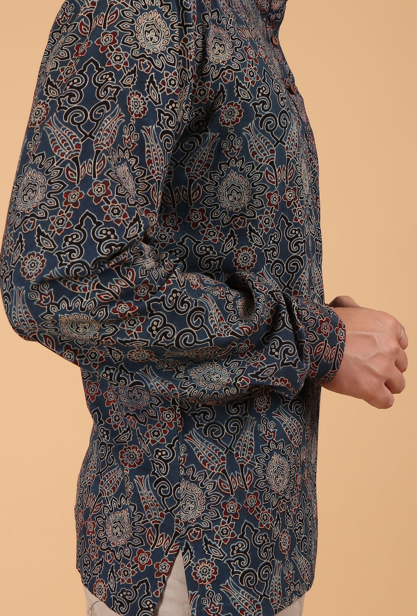 Blue Ajrakh Handcrafted Side Placket Full Sleeves Printed Cotton Shirt