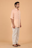 Peach Cotton Mulmul Button Down Short Kurta & White Pant