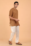 Tan Brown Cotton Mulmul Short Kurta & White Pant