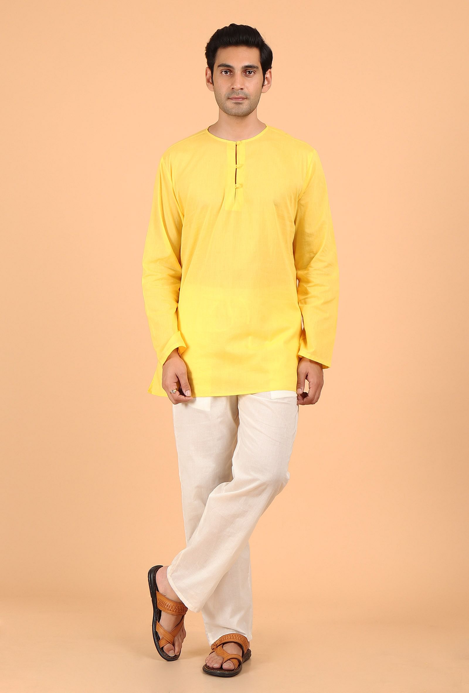 Solid Color Linen Kurta Set in White : MTY107