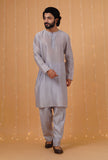 Set Of 3: Ice Blue Chanderi Kurta, Pajama & Overlapped Nehru Jacket