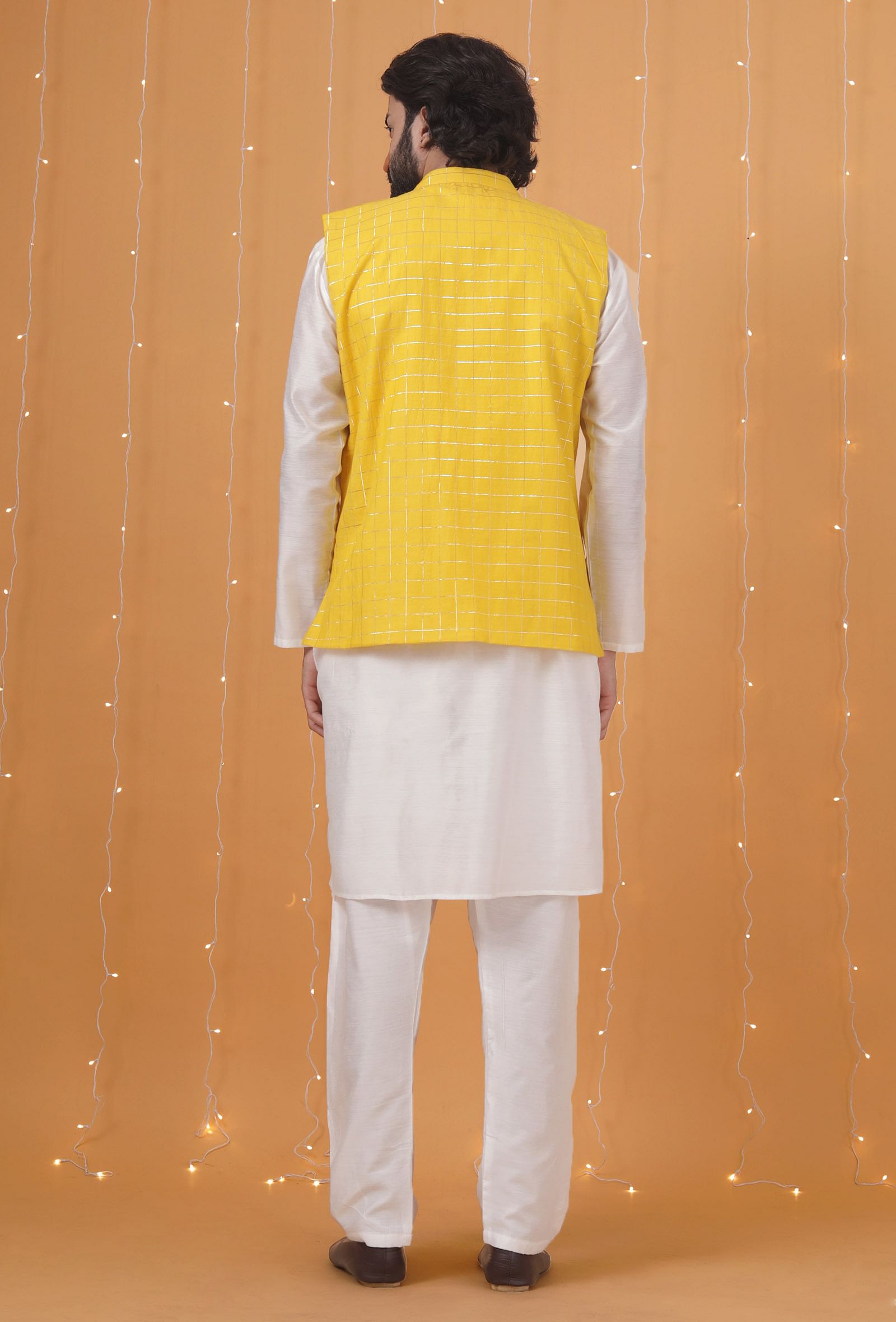 Set Of 3: Yellow Checkered Chanderi Nehru Jacket, Ivory White Kurta & Pajama