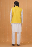 Set Of 3: Yellow Checkered Chanderi Nehru Jacket, Ivory White Kurta & Pajama