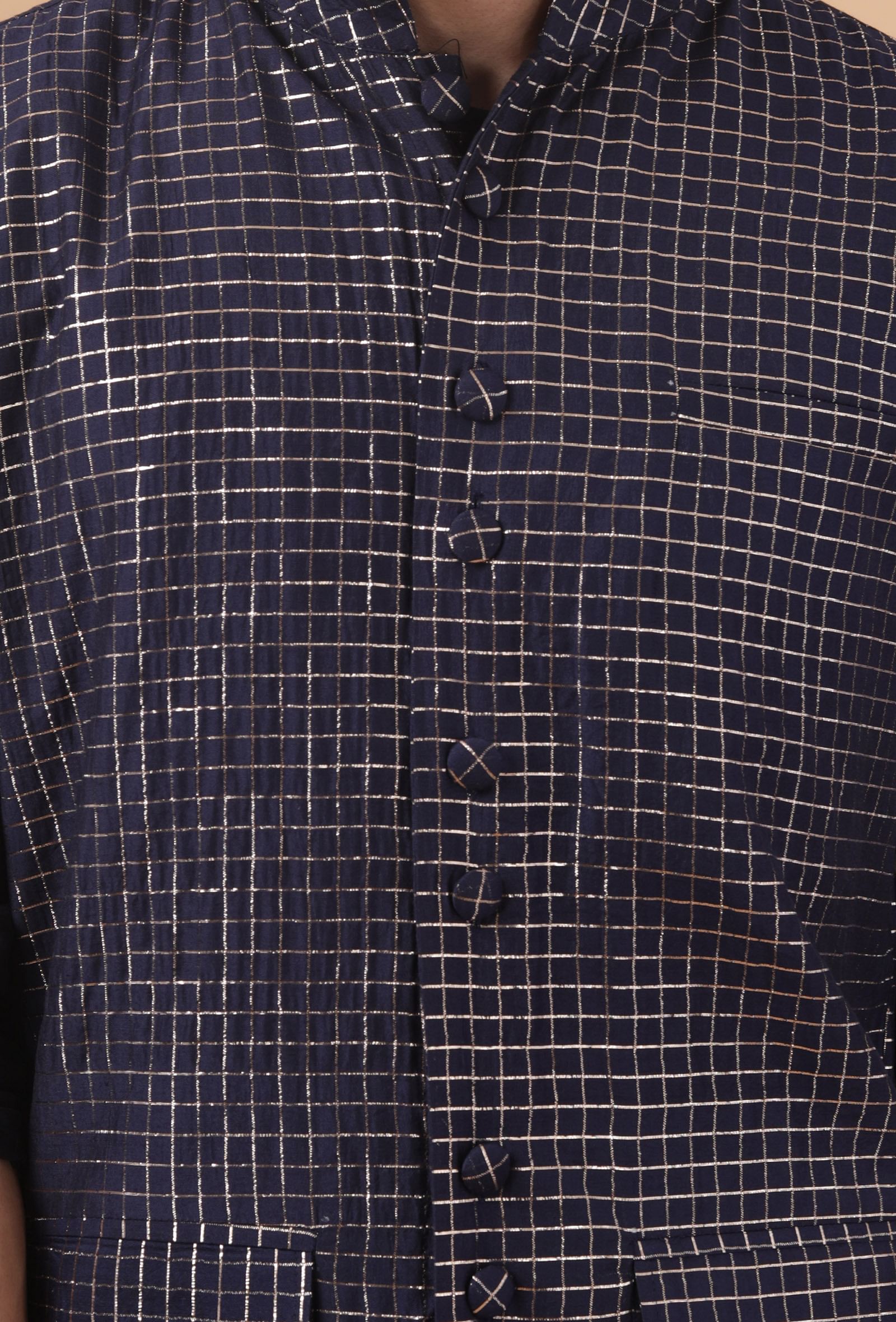 Set Of 3: Space Blue Checkered Chanderi Nehru Jacket, Kurta & Pajama