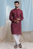 Set Of 2- Sangria color cotton jamdani kurta with cotton flex pajama