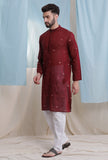 Wine red color cotton jamdani full sleeves short kurta