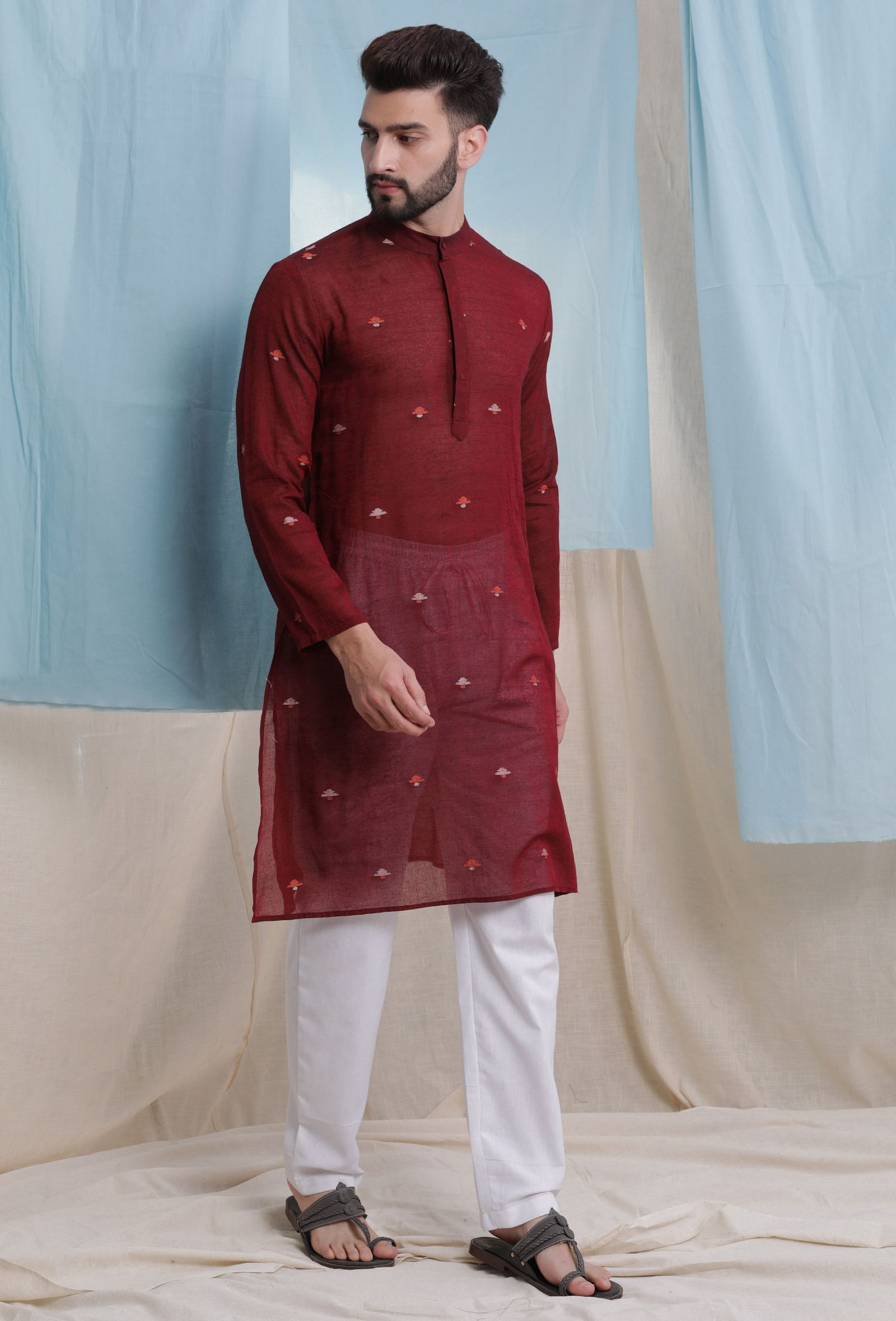 Wine red color cotton jamdani full sleeves short kurta