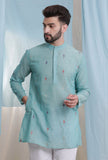 Sapphire blue color cotton jamdani full sleeves short kurta