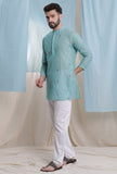 Sapphire blue color cotton jamdani full sleeves short kurta