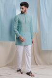 Sapphire blue color cotton jamdani full sleeves short kurta