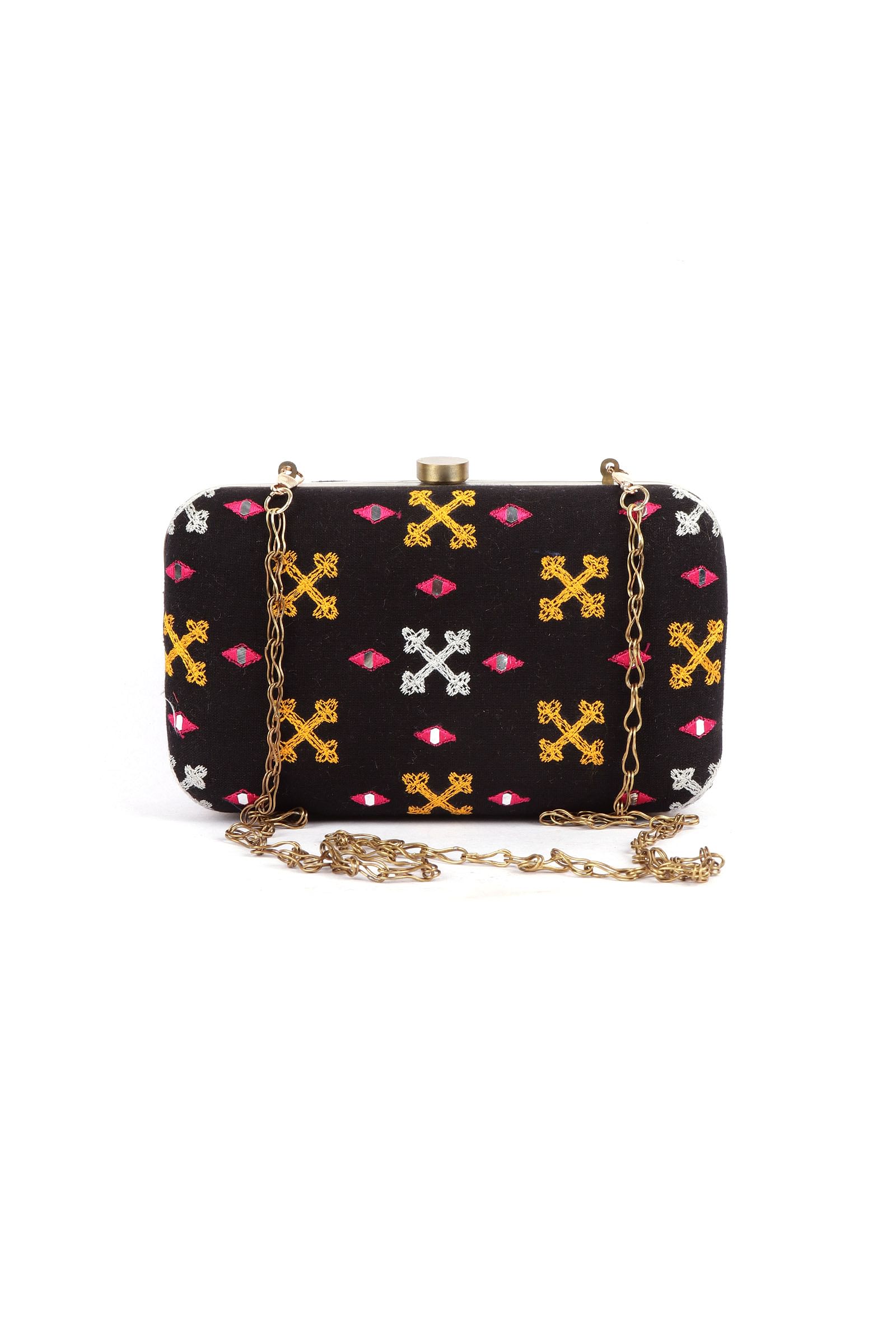 Parisa Black & Multi Kutch Embroidered Rectangular Box Clutch