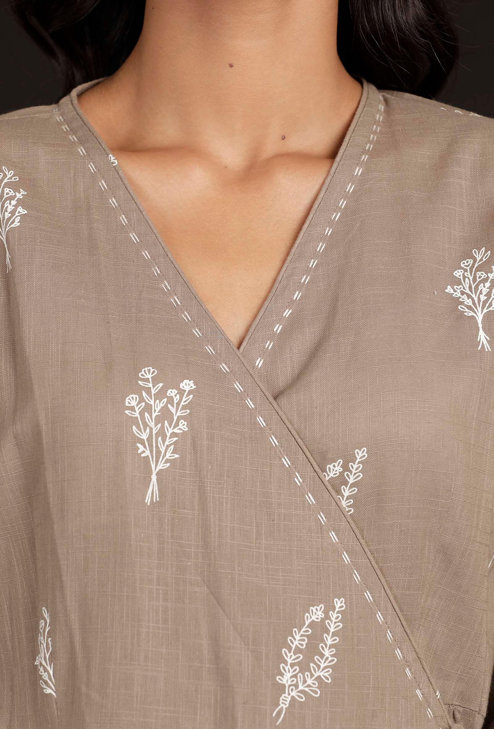 Okra Beige Block printed Angrakha Cotton Dress