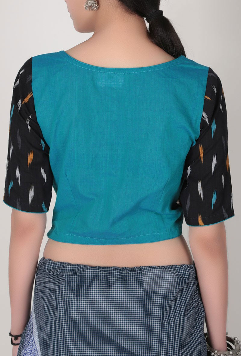 Turquoise Blouse With Black Ikat Patchwork Blouse