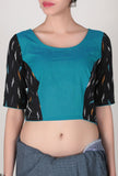 Turquoise Blouse With Black Ikat Patchwork Blouse