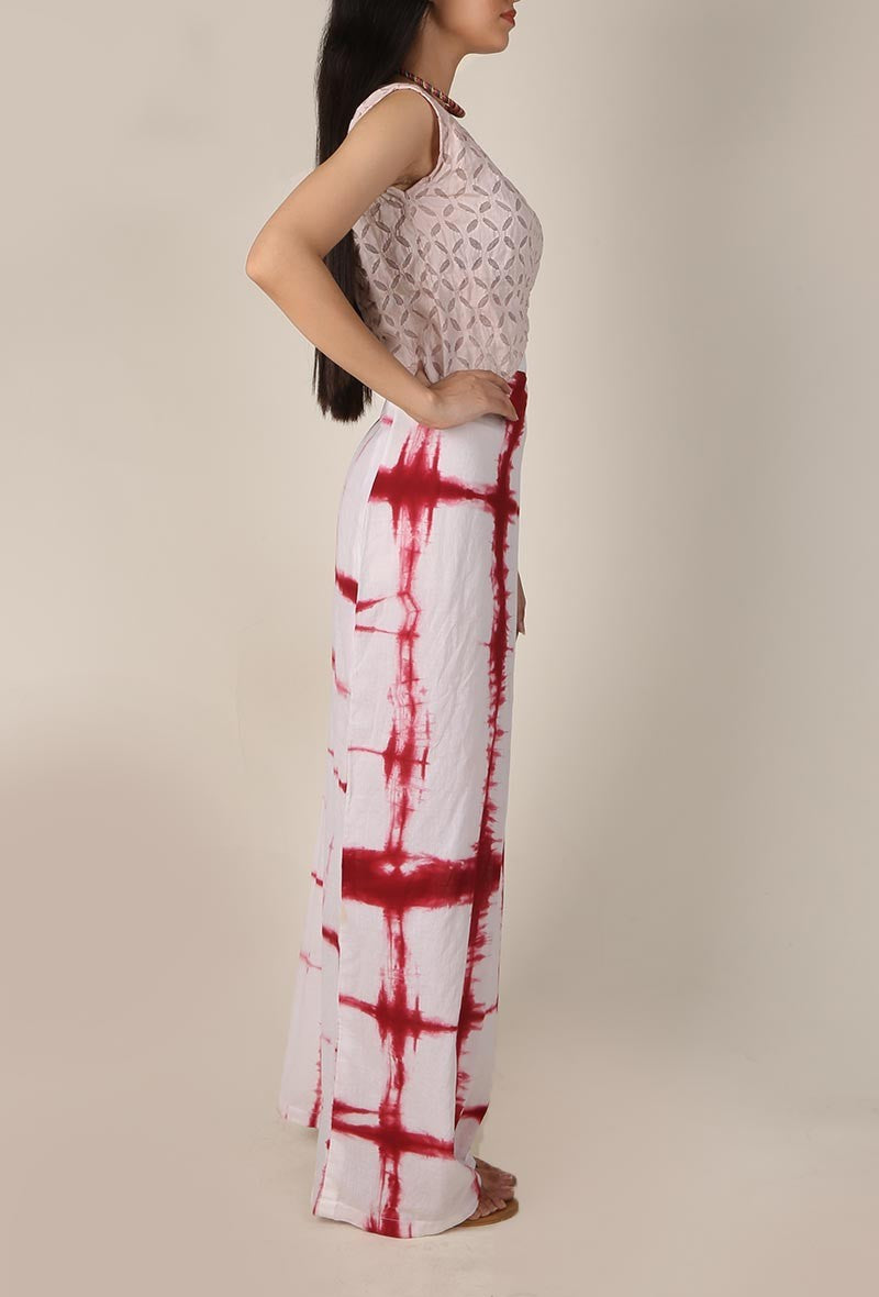 White and Red Clamp Dyed Straight Skirt