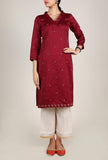 Set of 3 - Cherry Red Chanderi Kurta And Palazzo Set With Dupatta