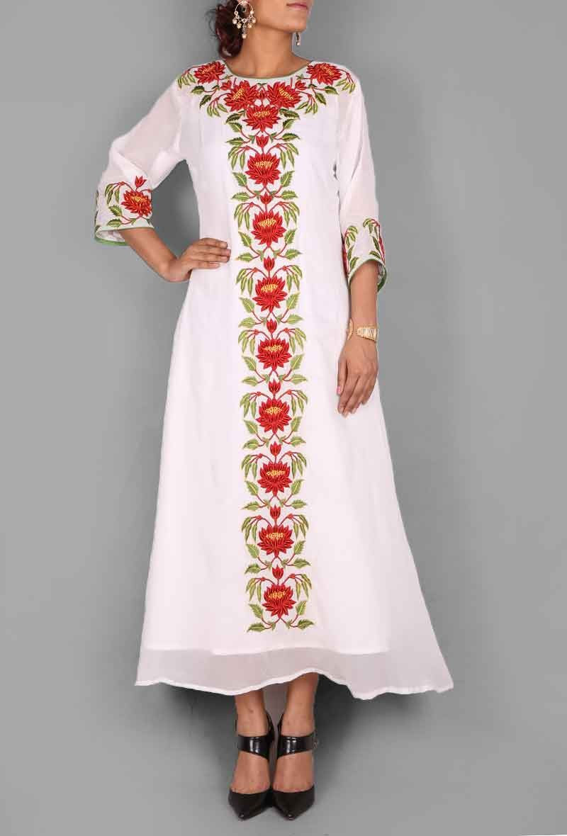 White, Green & Red Floral Pattern Georgette Kaftan with Slip